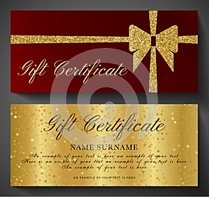 Gift Certificate, Golden ticket, Gift Voucher with sparkle starry glitter background and gold bow ribbon