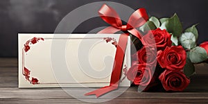 Gift certificate mockup with red bow and red roses on gray background