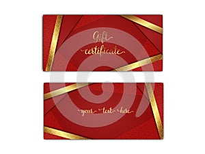 Gift certificate template. Luxury red voucher layout with shiny golden decor elements. Vector illustration of gift coupon with