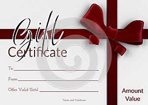 Gift certificate text and detail space with red gift ribbon and bow on white