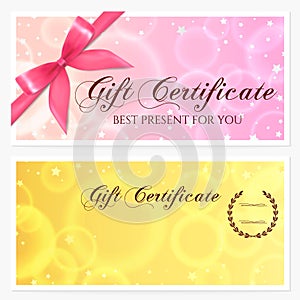 Gift certificate, Voucher, Coupon, Gift card template with stars and bow