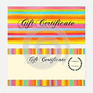 Gift certificate, Voucher, Coupon, Gift money bonus, Gift card template with colorful stripy (stripes, line pattern) background