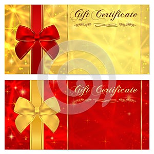 Gift certificate, Voucher, Coupon, Invitation or Gift card template with sparkling, twinkling stars (texture) and bow (red ribbon)