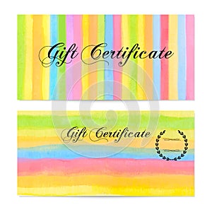 Gift certificate, Voucher, Coupon, money bonus, card template with colorful stripy (stripes, line pattern) background