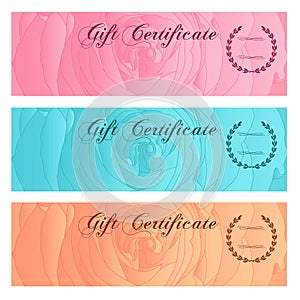 Gift certificate, Voucher, Coupon, Reward / Gift card set template with floral rose silhouette (flower pattern). Background design