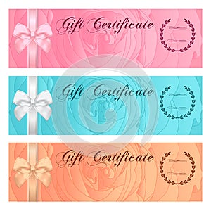 Gift certificate, Voucher, Coupon, Reward or Gift card template with floral rose pattern, bow (ribbon). Rose flower background set