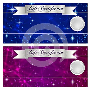 Gift certificate, Voucher, Coupon, Reward or Gift card template with sparkling, twinkling stars texture (pattern). Night sky
