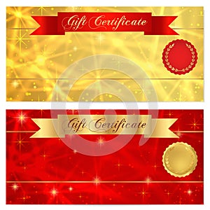 Gift certificate, Voucher, Coupon, Reward or Gift card template with sparkling, twinkling stars texture, red ribbon (banner) photo