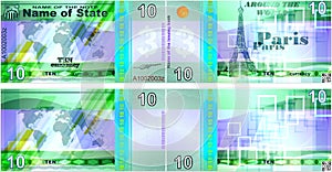 Fictional banknotes on the theme `Around the world`. Blank forms for banknotes.