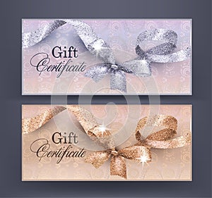 Gift Certificates with floral design background and shiny curly ribbon with bow. photo