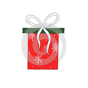 Gift Christmas red box with green lid, decorated with bow and snowflakes. Icon. Isolated on a white background. For the design of