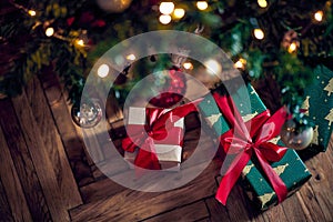 Gift with Christmas  tree and  ornaments