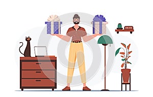 Gift concept for christmas or new year. The guy is holding a gift box.