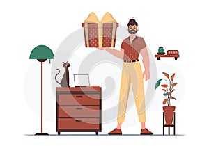 Gift concept for christmas or new year. A man holds a festive gift box.