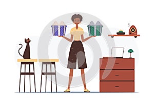 Gift concept for christmas or new year. A woman is holding a festive gift box.