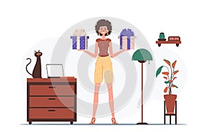 Gift concept for christmas or new year. A woman is holding a gift box.