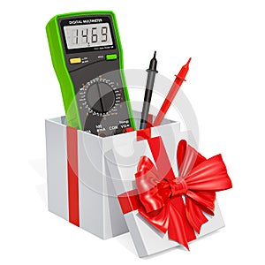 Gift concept, digital multimeter inside gift box. 3D rendering