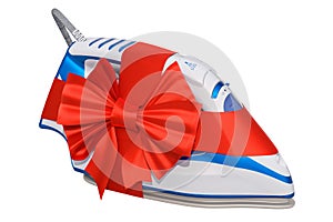 Gift concept, electric steam iron with red ribbon and bow. 3D re