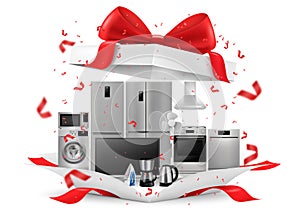 Gift concept, home appliances inside gift box. Refrigerator, microwave, food processor, TV, washing machine, gas stove, isolated