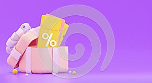 A gift coupon with an open gift. With a percent sign. On a purple background. 3d rendering illustration