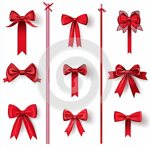 Gift decor set with a diagonal red bow and ribbon at the corner