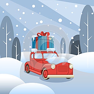 Gift delivery. The car goes through the winter forest