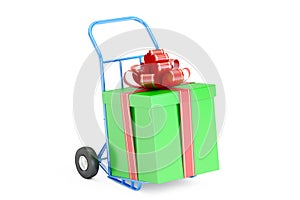 Gift Delivery Concept. Gift Box on Hand Truck, 3D rendering