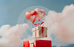 Gift floating in sky. Red heart balloons. Love Valentine's concept.