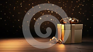 Gift golden box on wooden table against Christmas bokeh background.Gift concept for Christmas holidays, anniversary, wedding,