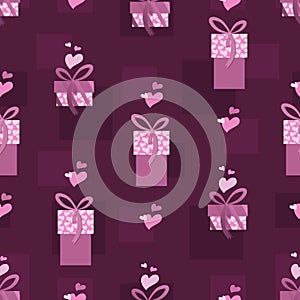 Gift heart background. Cute gift boxes with hearts. Seamless pattern, lovely romantic background.