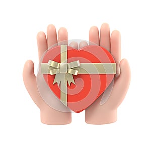 Gift heart on Valentine's Day with a declaration of love. Holding heart in palm hand with ribbon and bow. Give a gift.