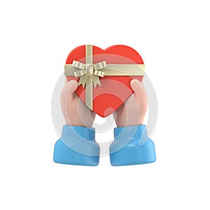 Gift heart on Valentine\'s Day with a declaration of love. Holding heart in palm hand with ribbon and bow. Give a gift.