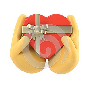 Gift heart on Valentine\'s Day with a declaration of love. Holding heart in palm hand with ribbon and bow. Give a gift.