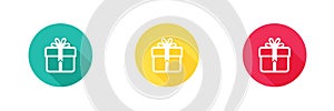 Gift icon in green yellow and red with long shadow effect. Simple, flat design, Solid icons style for business, social media, web