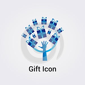 Gift Icon With Hand Blue Vector Illustration, Gift Boxes Happy Birthday Present Anniversary Pleasure Joy