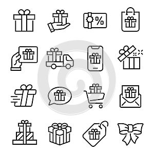 Gift icon set, collection of linear simple web icons, editable vector stroke photo