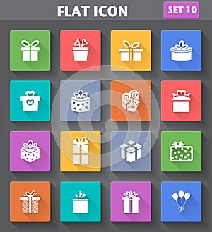 Gift Icons set in flat style with long shadows.