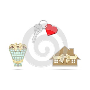 Gift key with heart on a chain and a house with a bow