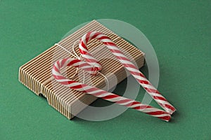 Gift Kraft Brown Color Box and Candy Canes Red and White in Hear