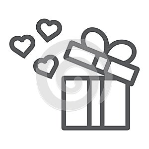 Gift line icon, love and package, gift box with hearts sign, vector graphics, a linear pattern on a white background.