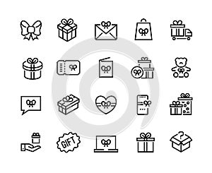 Gift line icons. Discount offer, bonus reward and special customer program, seasonal gift and lottery win. Vector gift