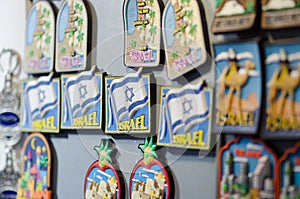 Gift magnets with Israel and Jerusalem symbols for sale at Old City