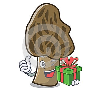 With gift morel mushroom mascot cartoon
