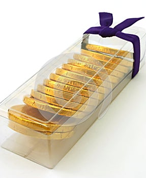 Gift pack of chocolate gold coins, angled