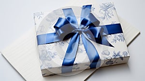 Luxurious Blue Gift Box With Floral Pattern And Ribbon photo