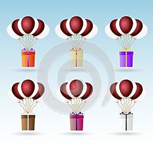 Gift package soaring with helium balloons icons set eps10