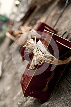 Gift packages are on the street by the gallery in Montmartre street, Paris