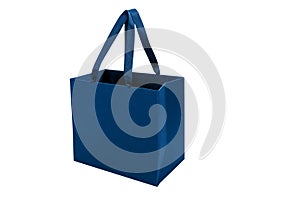 Gift paper bag, shopping bag in classic blue color isolated on white background. Mocr up of blank craft package. Concept for