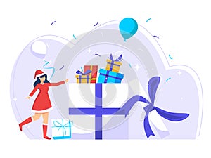 Gift party design concept. Woman opens a large box filled with gifts. Used for web, posters, flyers. flat vector