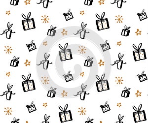 Gift pattern, seamless texture with hand drawn illustrations of present boxes. Vector gifts background